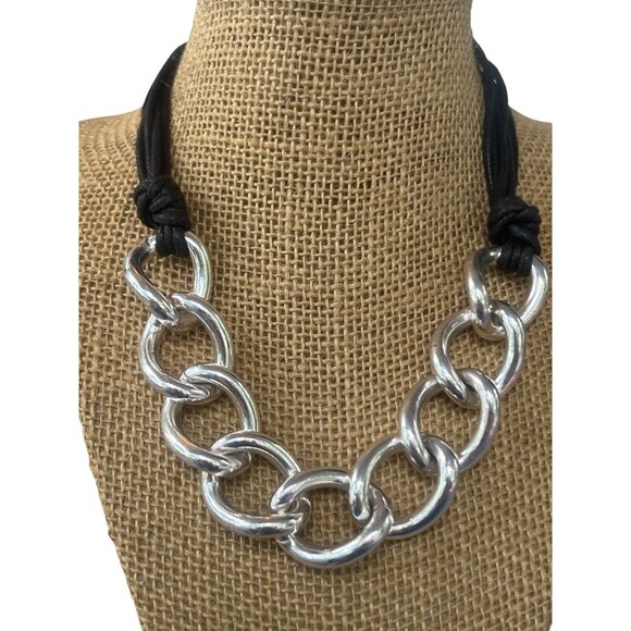 St Thomas Chunky Silver Tone Chain Necklace Multi Black Cord Adj 14" + 2.5" - Picture 1 of 4